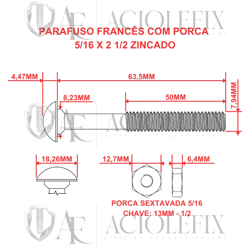 PARAFUSO FRANCES COM PORCA-AD 3/16 X 2 C/ 5