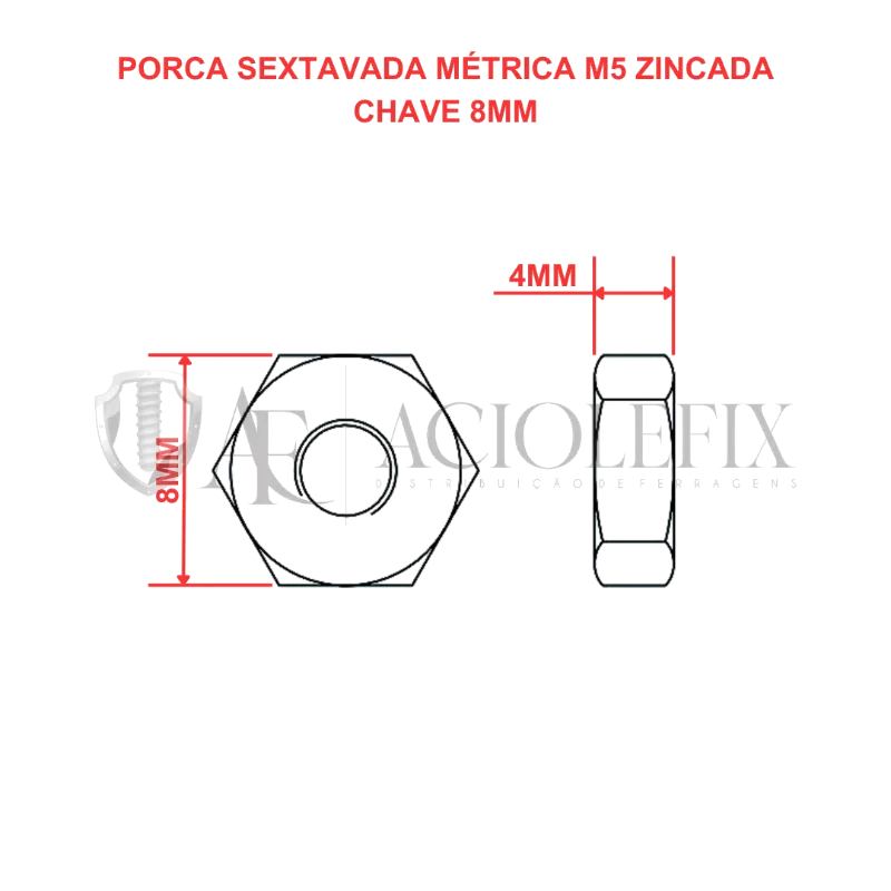 PORCA SEXTAVADA MA 5MM - PASSO 0,8 - CHV 8 C/20 REX B