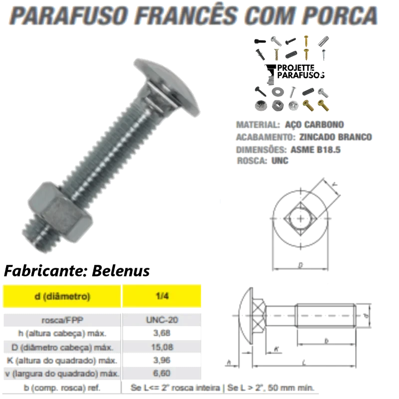 PARAFUSO FRANCES COM PORCA-D2 7/16 X 4.1/2 C/0,5 BEL