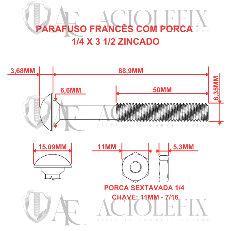 PARAFUSO FRANCES COM PORCA-B6 1/4 X 2.1/2 C/ 2 REX