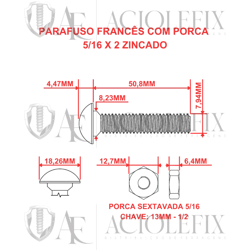 PARAFUSO FRANCES COM PORCA-C3 5/16 X 2.1/2 C/2 REX