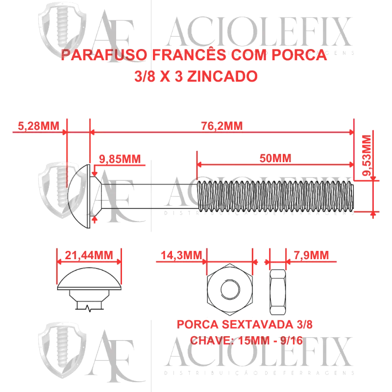 PARAFUSO FRANCES COM PORCA ZINCADO.3/8 X 3 C/1 REX